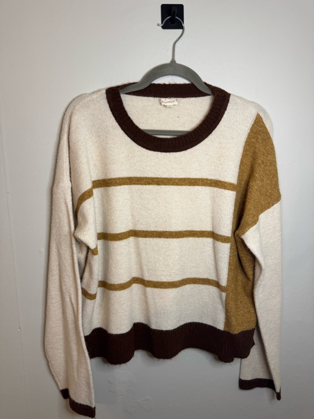 Hem & Thread Cream Sweater with Mustard Stripes & Dark Brown Trim